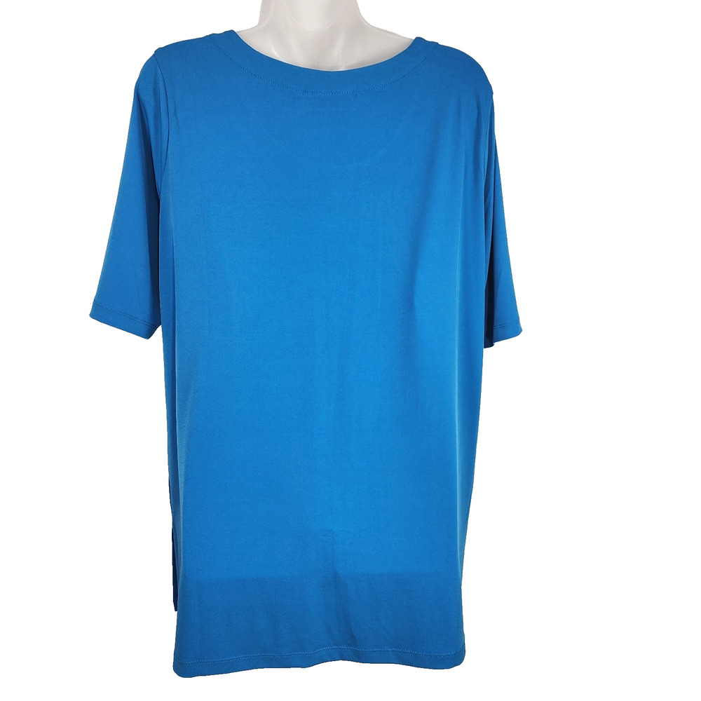 Susan Graver Womens Liquid Knit Elbow-Sleeve Tunic Top Blue L Rivet Slit A393727 - Picture 2 of 10